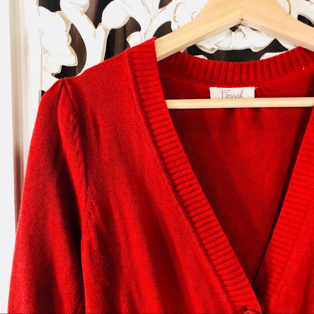 Fossil Red Cropped 1/2 Sleeve Button Up Sweater - image 2